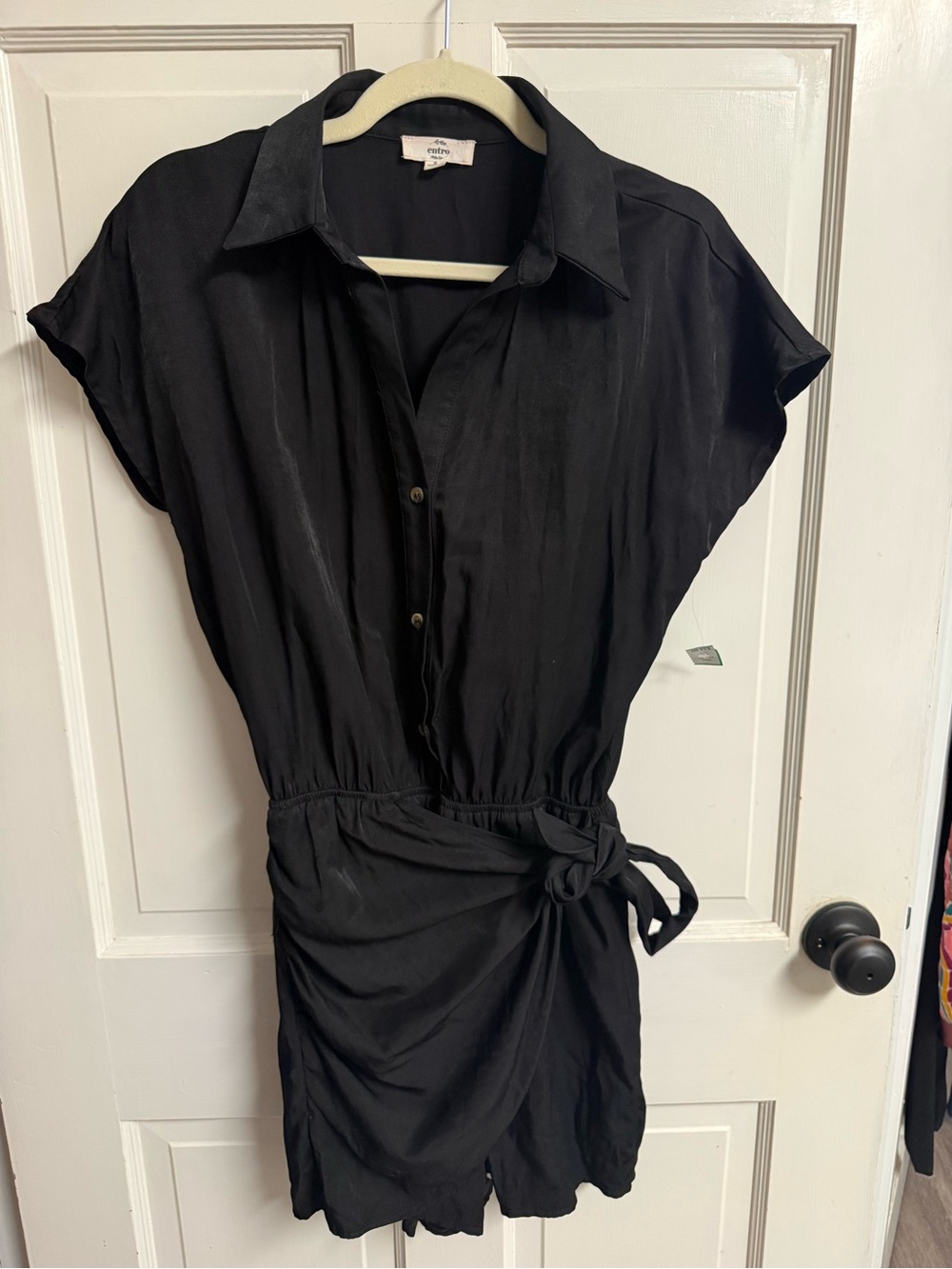 entro Black Short-Sleeve Tie-Waist Shirt Mini Dress with shorts